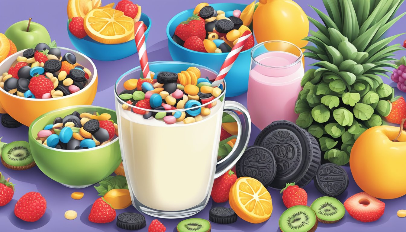 A colorful cereal bowl with Oreo O's and Trix, surrounded by fresh fruits and a glass of milk