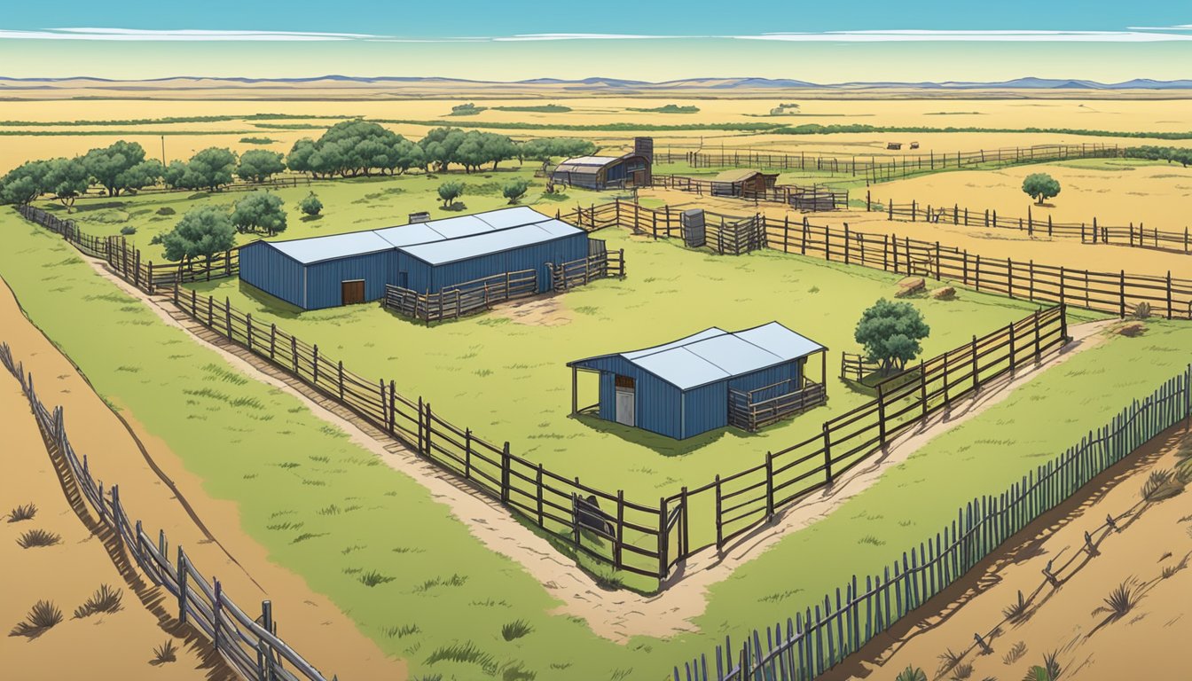 A sprawling ranch in Zapata County, Texas, with open fields and grazing livestock, surrounded by a fence and under a clear blue sky