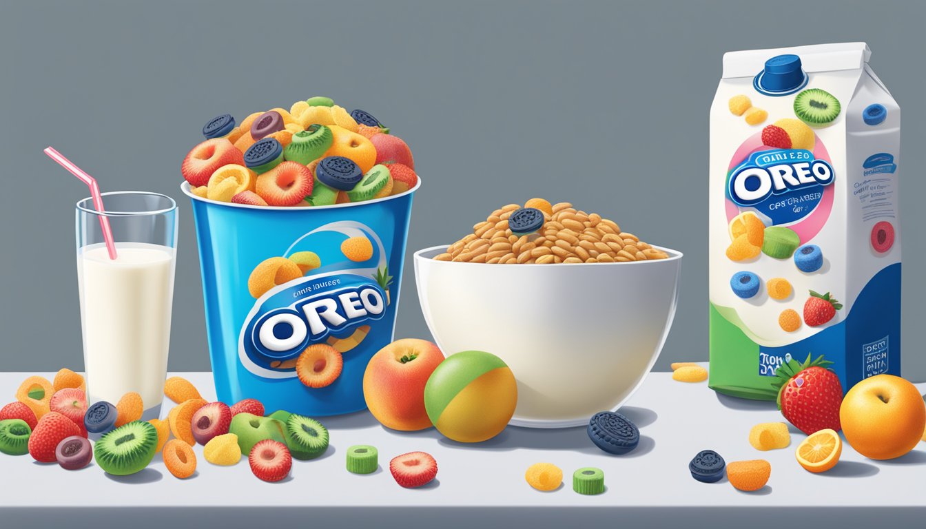 A table with two cereal boxes, one for Oreo O's and one for Trix, surrounded by various fruits and a glass of milk