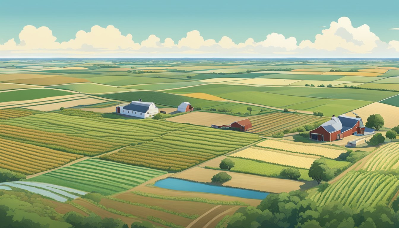 A sprawling farm in Willacy County, Texas, with rows of crops and grazing livestock, surrounded by open fields and a clear blue sky