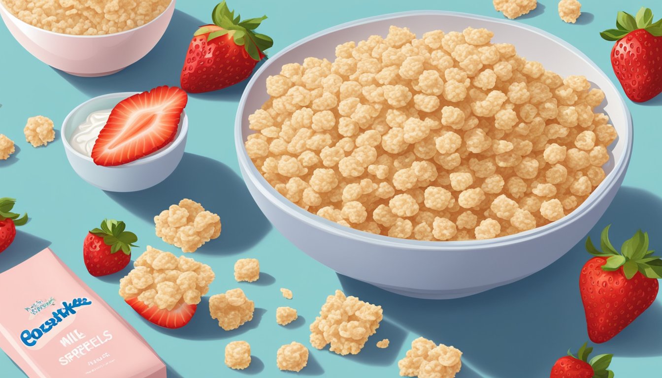 A bowl of Rice Krispies and a bowl of Special K sit side by side, surrounded by a scattering of fresh strawberries and a glass of milk