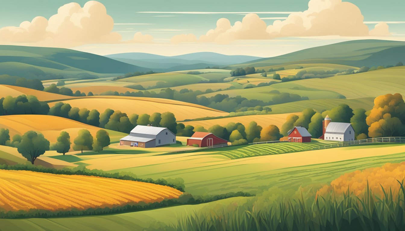 A rural landscape with a farmhouse, barn, and fields of crops, surrounded by rolling hills and grazing livestock