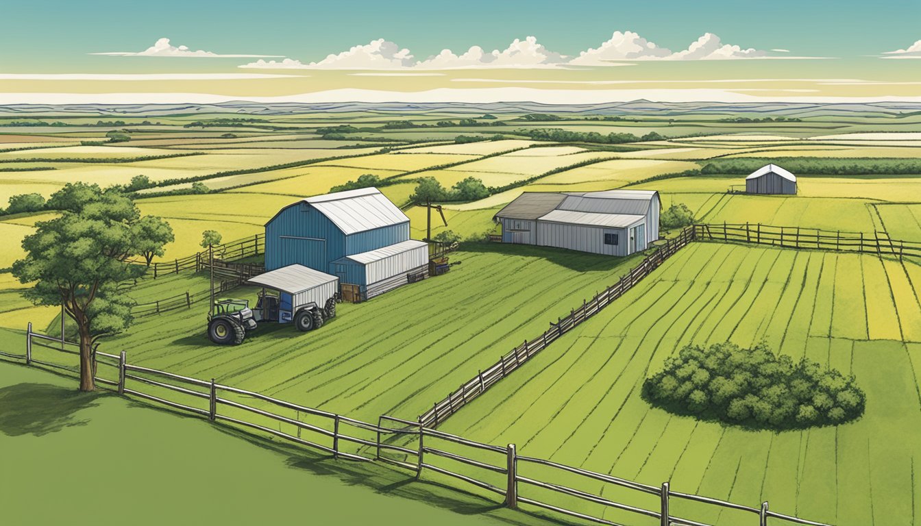 A vast agricultural landscape in Willacy County, Texas, with fields of crops and grazing livestock, surrounded by a fence and a sign indicating the agricultural exemption eligibility requirements