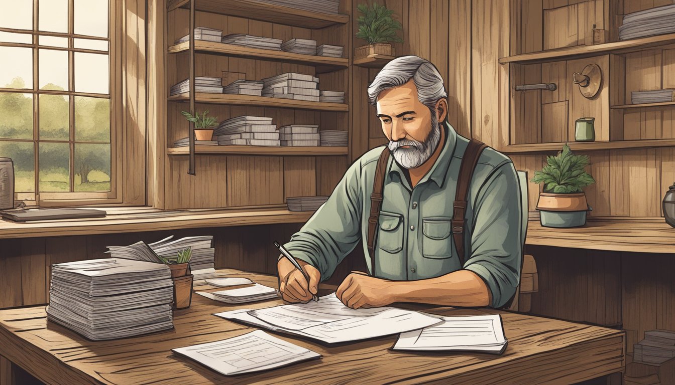 A farmer filling out paperwork in a rustic Texas office to apply for agricultural exemption