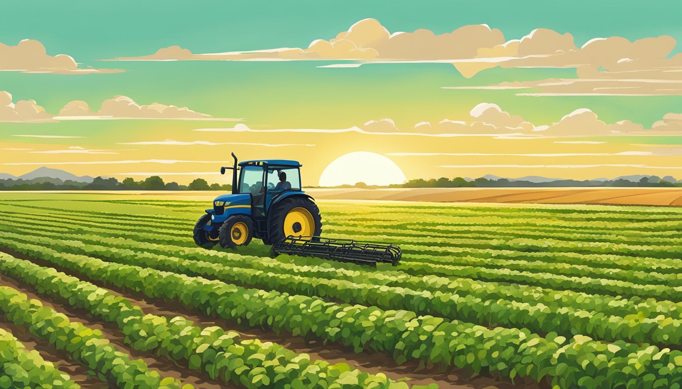 A sunlit field in Willacy County, Texas, with rows of crops and a farmer on a tractor conducting agricultural activities for tax exemption