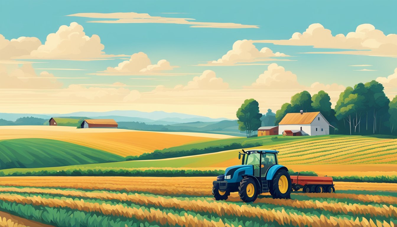 Rolling fields of crops under a bright blue sky, with a farmhouse in the distance and a tractor working the land