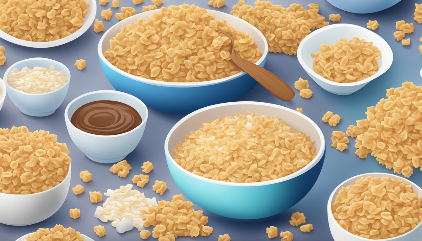 A bowl of rice krispies and a bowl of Special K cereal sit side by side, surrounded by scattered grains and a spilled carton of milk