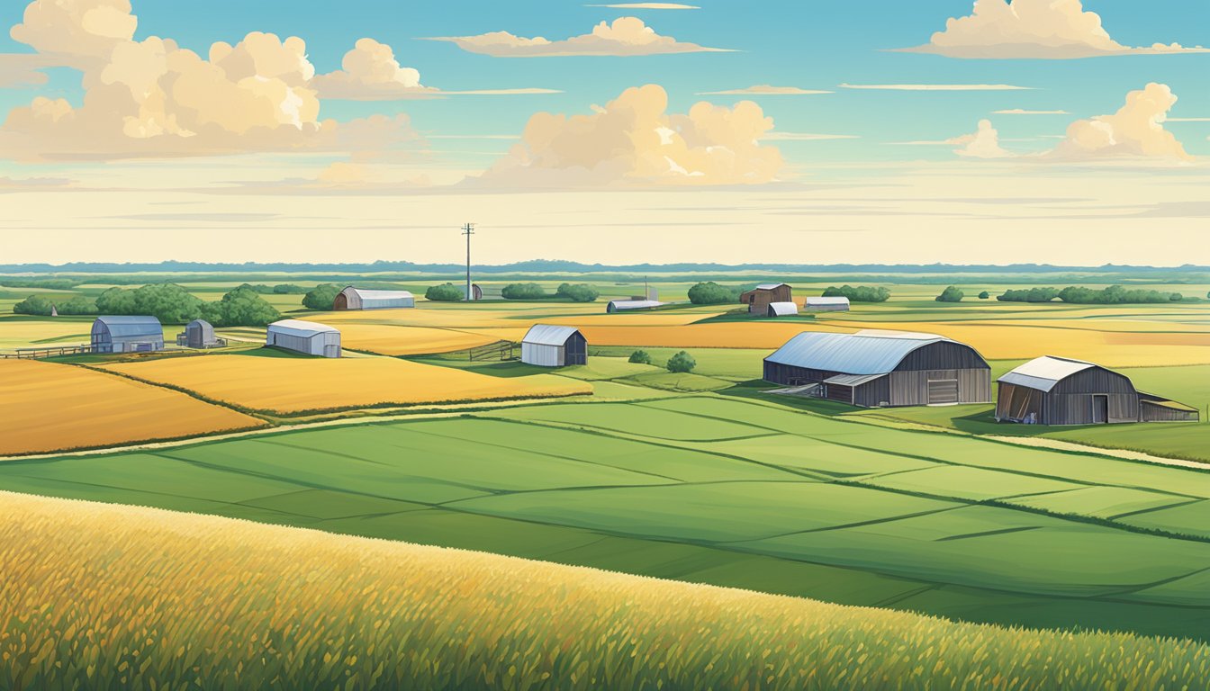 A vast expanse of agricultural land in Willacy County, Texas, with rolling fields, a clear blue sky, and a few scattered farm buildings