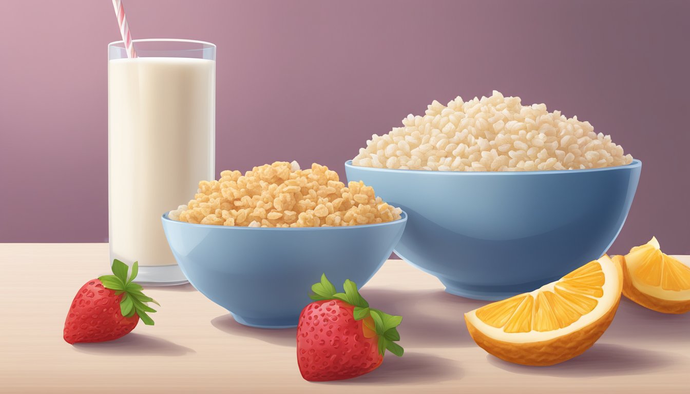 A bowl of Rice Krispies and Special K sit side by side, surrounded by fresh fruit and a glass of milk