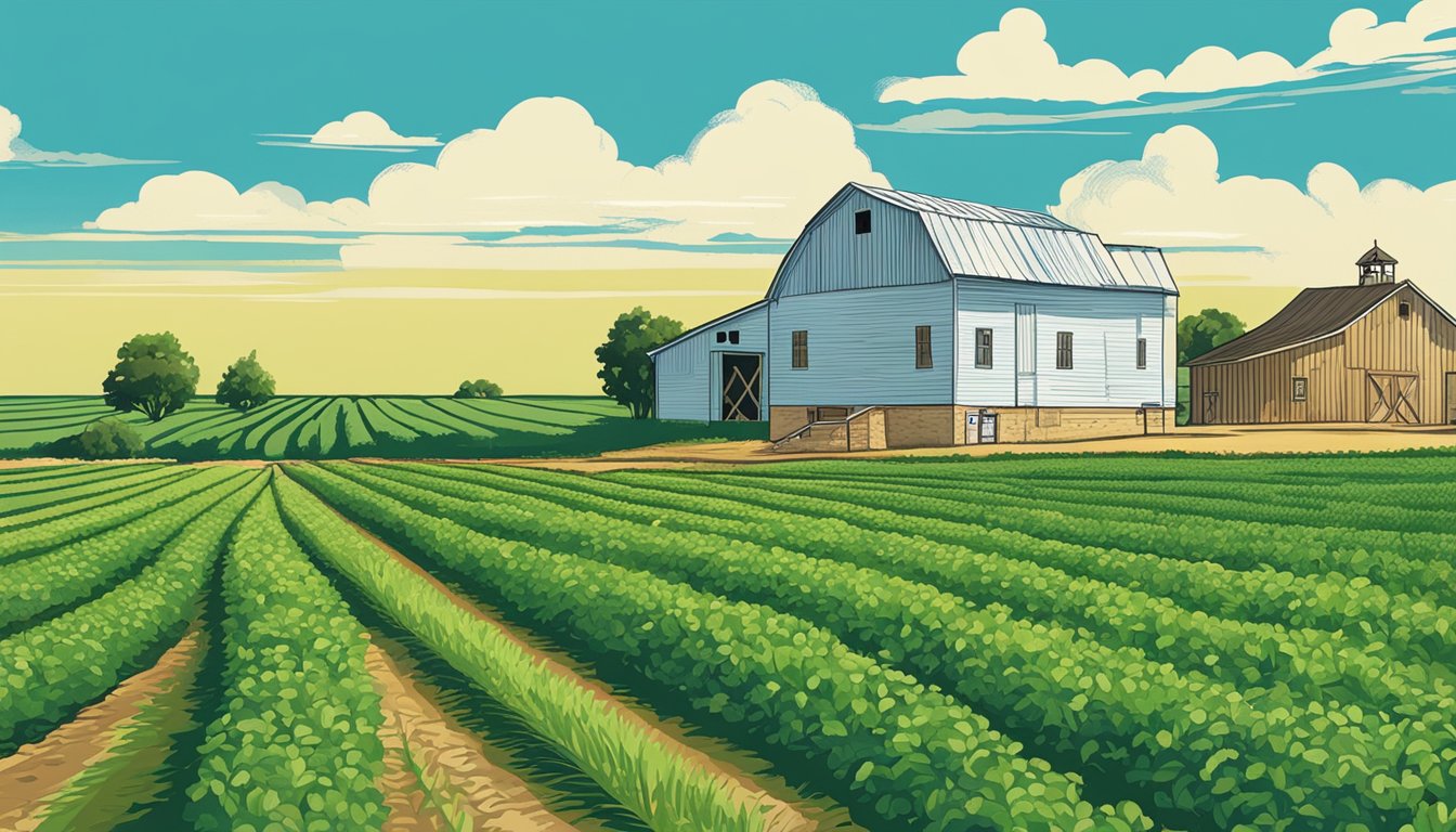 Rolling fields of green crops under a bright blue sky, with a farmhouse and barn in the background. A sign reads "Willacy County Texas Ag Exemption."