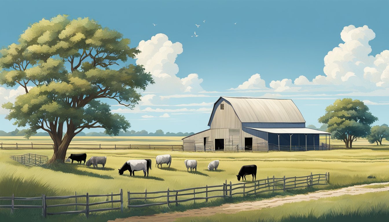 A rural landscape with farmland, a barn, and grazing livestock under a clear blue sky in Willacy County, Texas