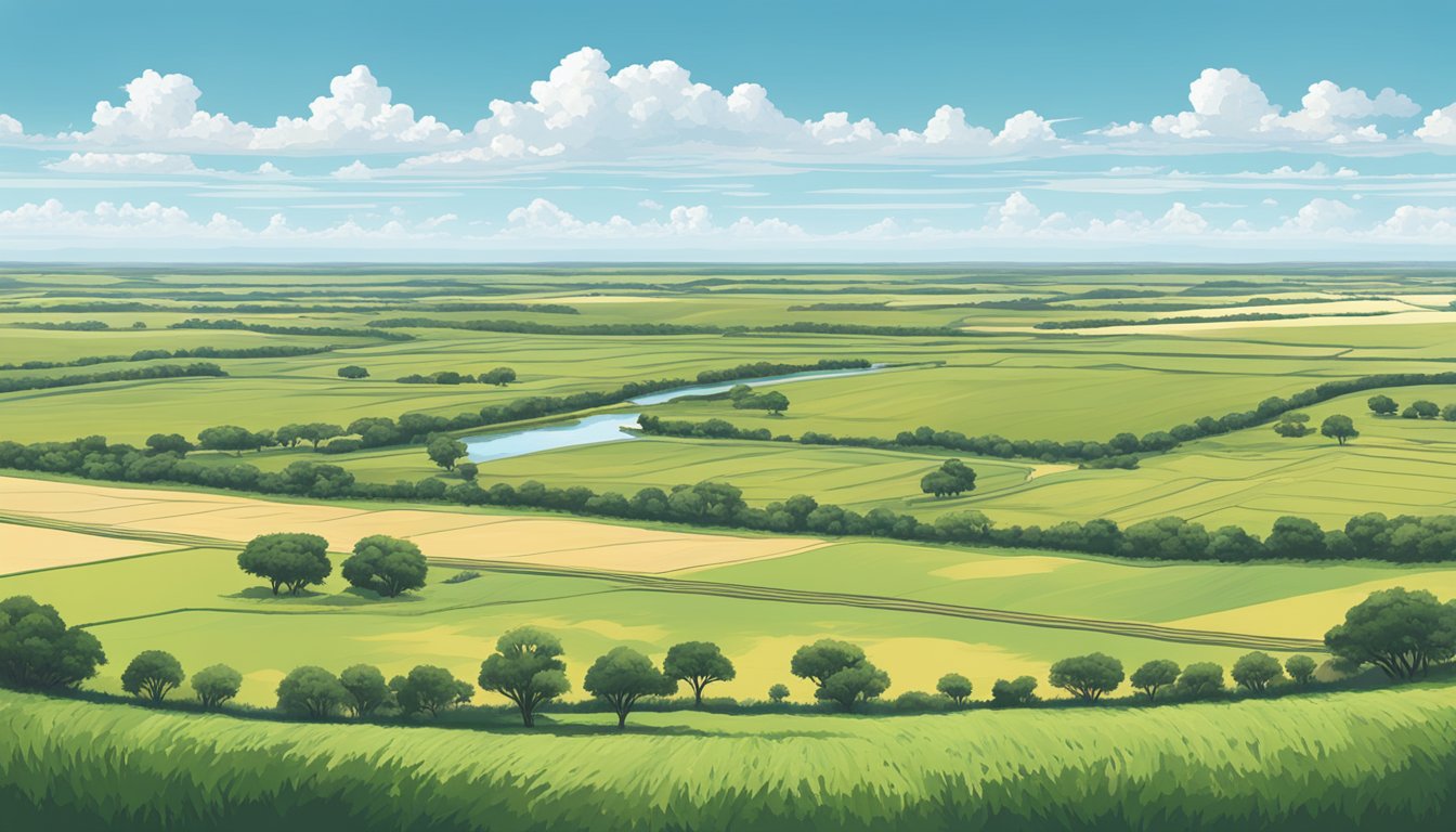 A vast rural landscape in Willacy County, Texas, with grazing livestock and agricultural fields, under a clear blue sky