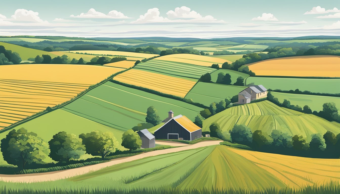 Rolling fields of crops bordered by windbreaks and conservation areas, with a farmhouse and barn in the distance