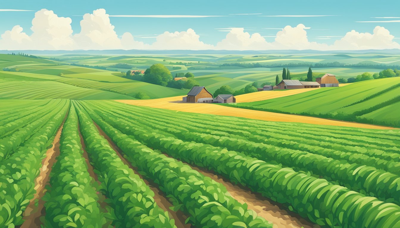 Rolling fields of green crops stretch to the horizon under a clear blue sky, with a few scattered farm buildings in the distance