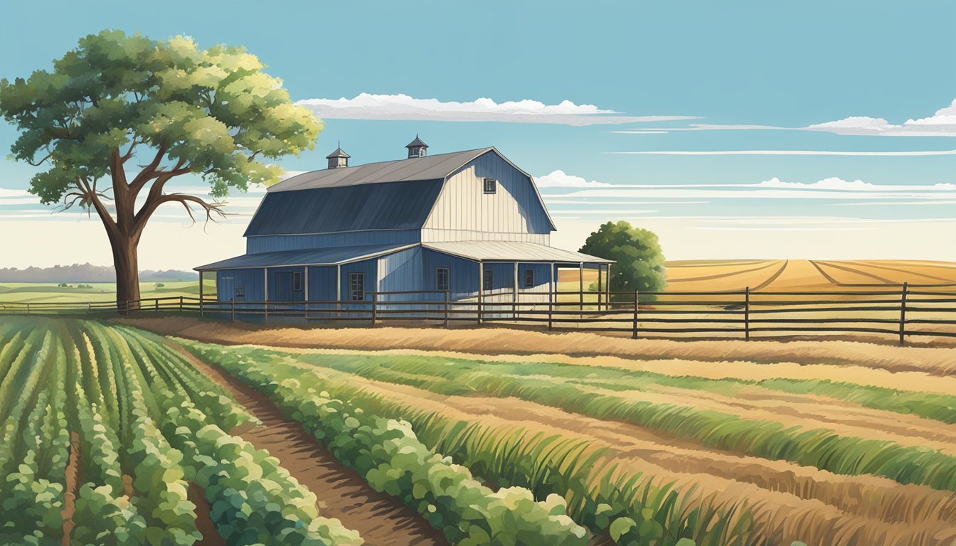 A rural landscape in Wilbarger County, Texas, with a farmhouse, barn, and fields of crops surrounded by open fields and a clear blue sky