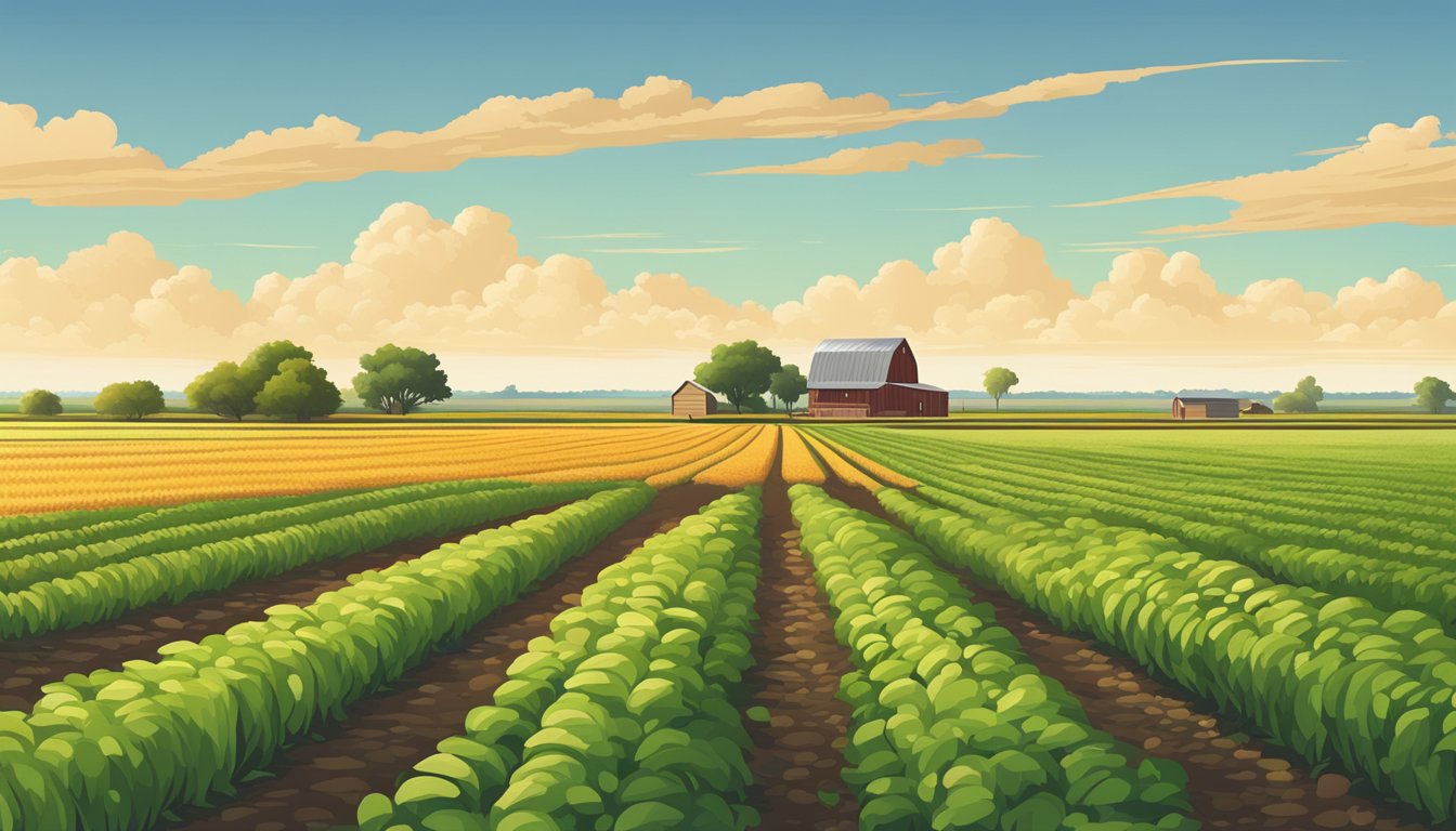 Rolling fields of crops in Willacy County, Texas, with a clear sky and a distant farmhouse