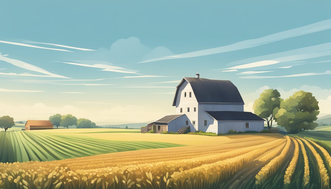 A rural landscape with a farmhouse, barn, and fields of crops under a clear blue sky