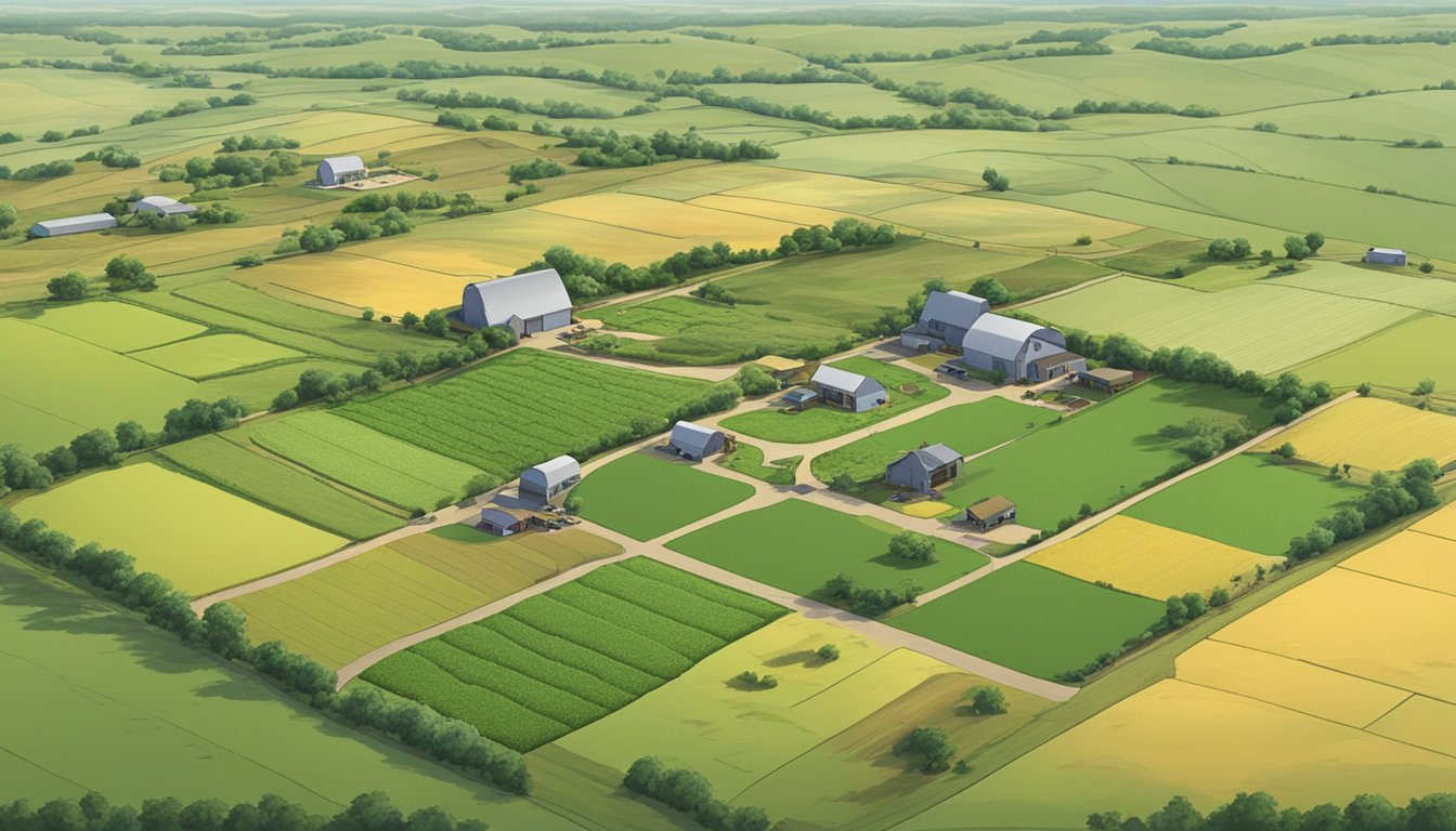 Aerial view of a vast agricultural property in Wilbarger County, Texas, with rolling fields, grazing livestock, and a farmhouse