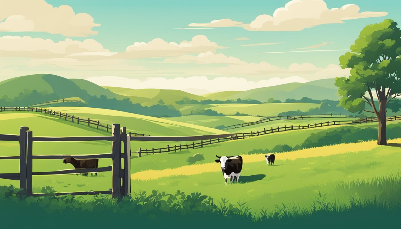 Rolling fields of green grass under a clear blue sky, dotted with grazing cattle and surrounded by a rustic wooden fence