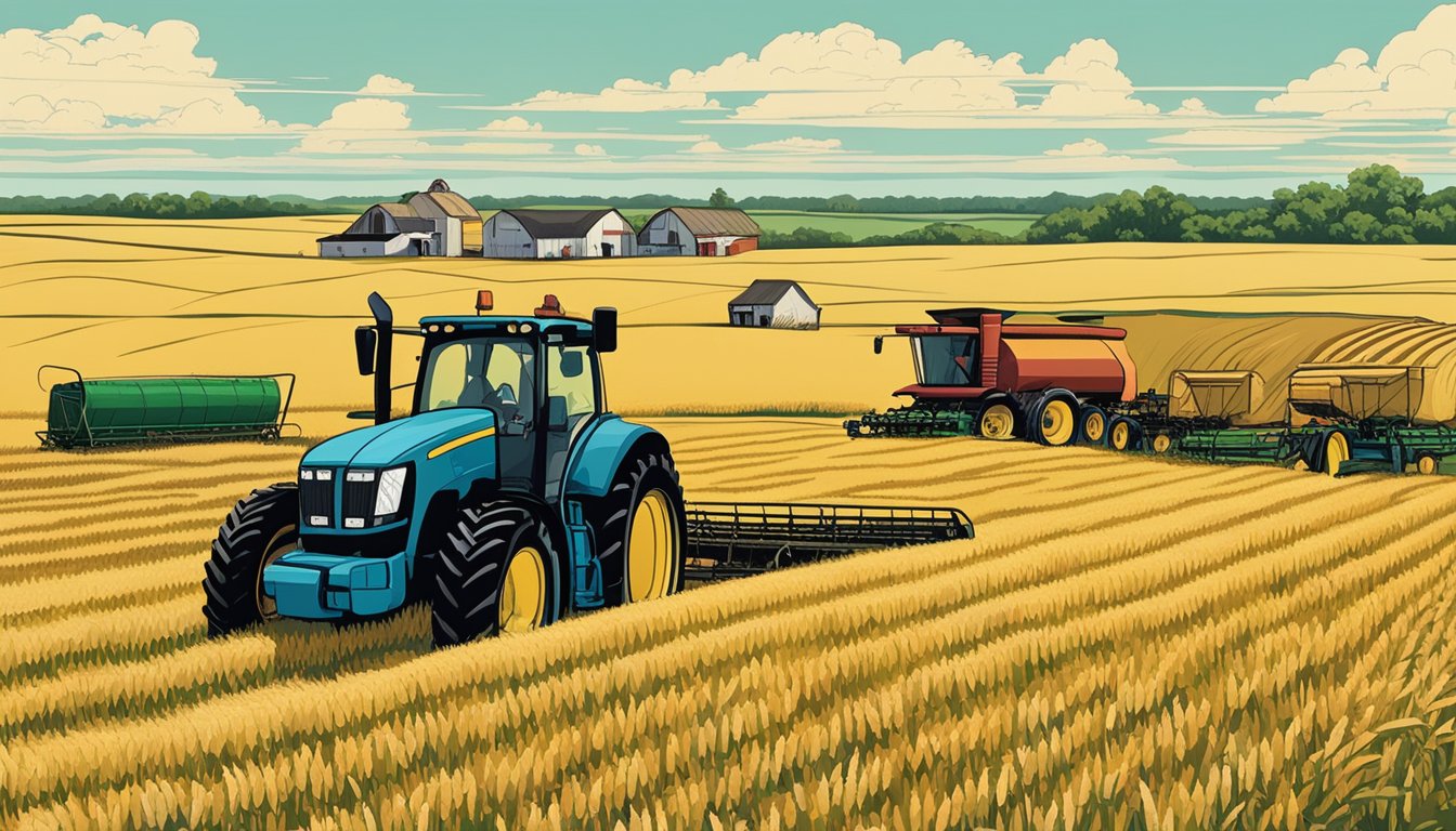 Rolling fields of wheat and corn stretch to the horizon, dotted with grazing cattle and farm equipment under the Texas sun