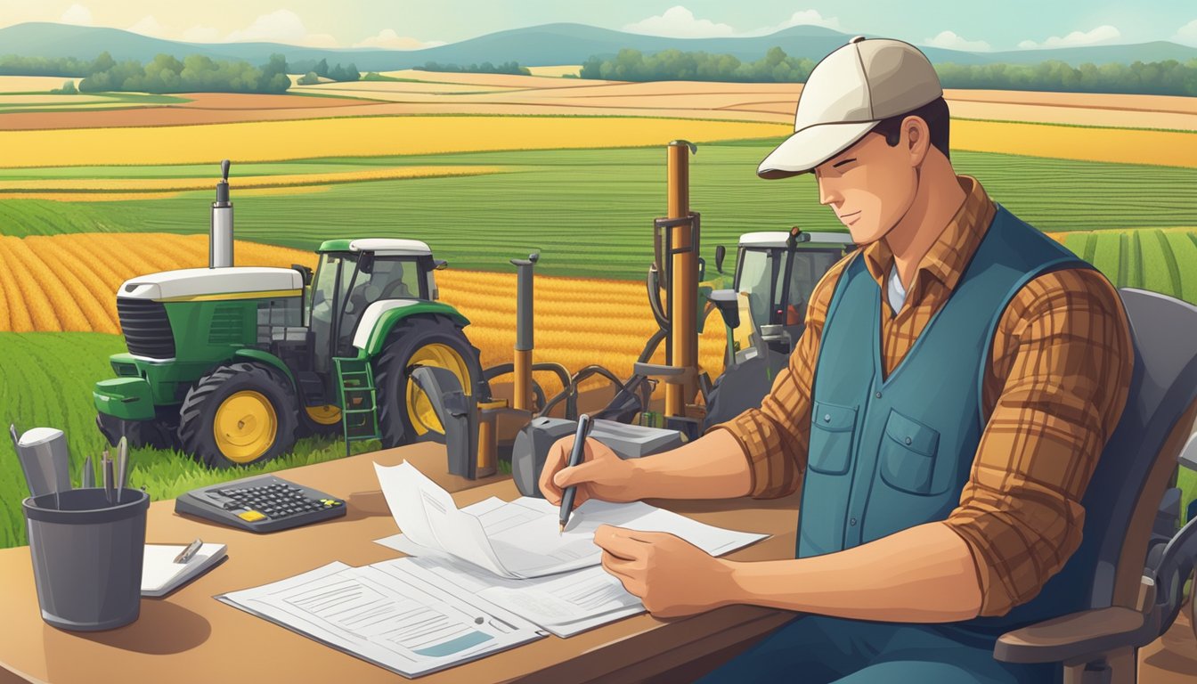 A farmer filling out paperwork at a desk, surrounded by agricultural equipment and fields in the background