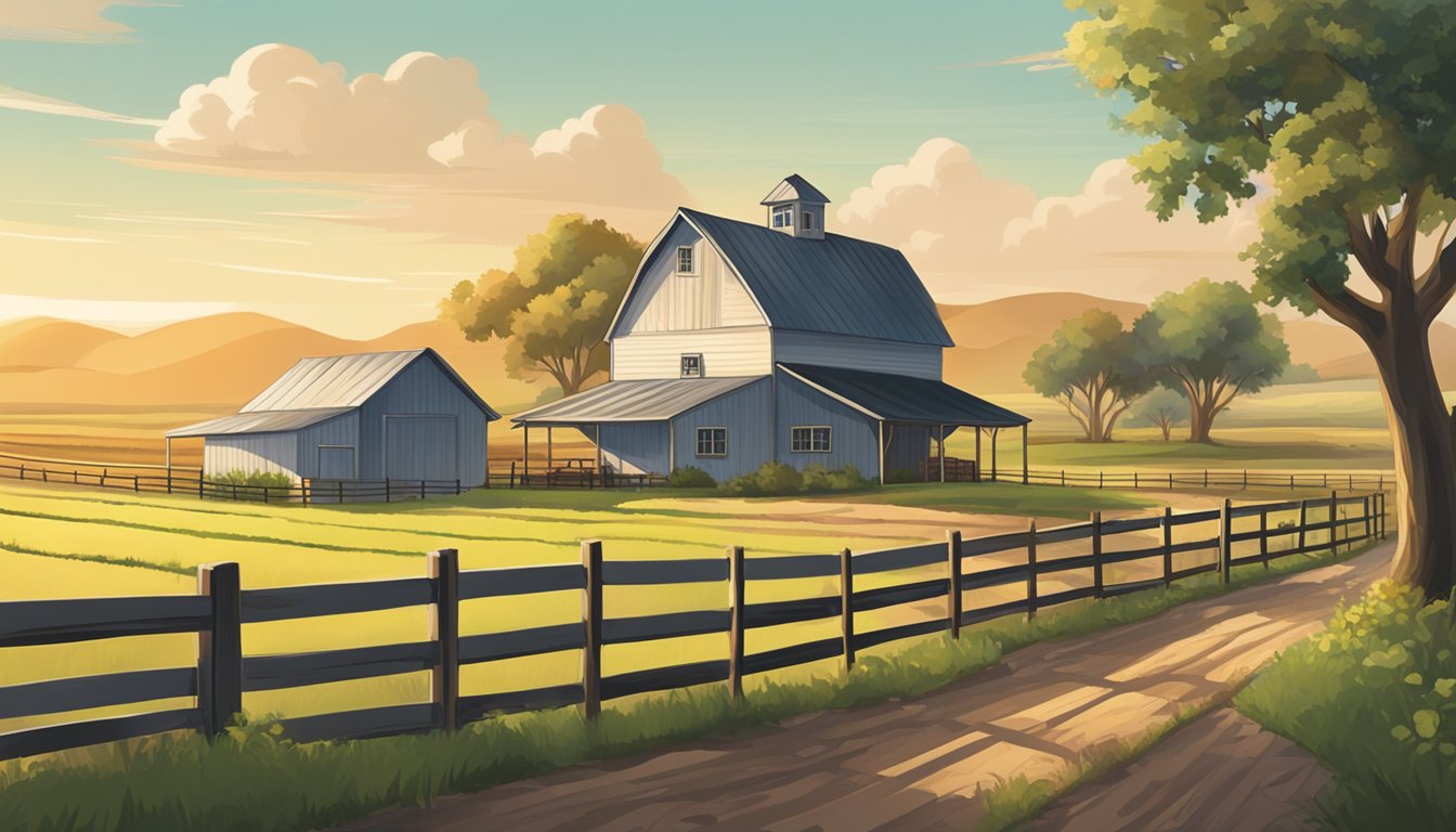 A rural landscape in Webb County, Texas, with a farmhouse, barn, and fields of crops, all surrounded by a fence