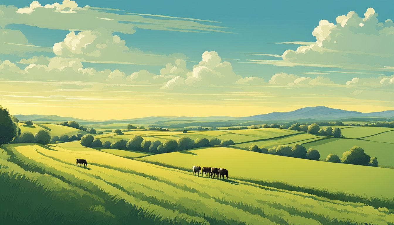 Rolling fields of green and gold stretch out under a wide blue sky, bordered by fences and dotted with grazing livestock