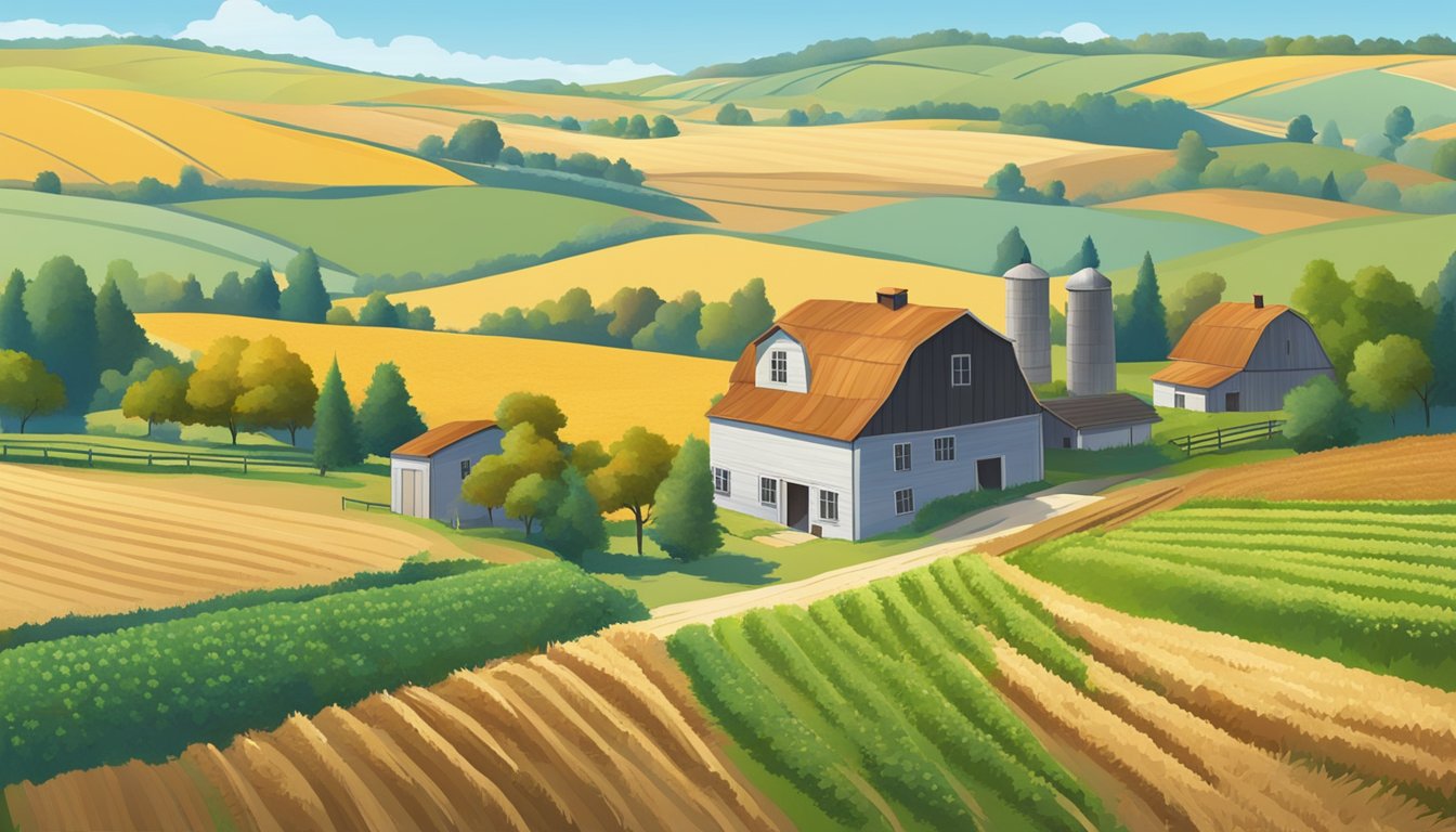 A rural landscape with a farmhouse, barn, and fields of crops under a clear blue sky