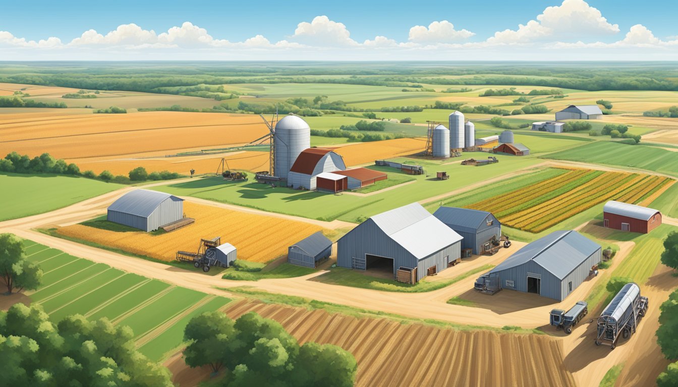 A sprawling Texas farm with fields of crops, grazing livestock, and agricultural equipment under a clear blue sky