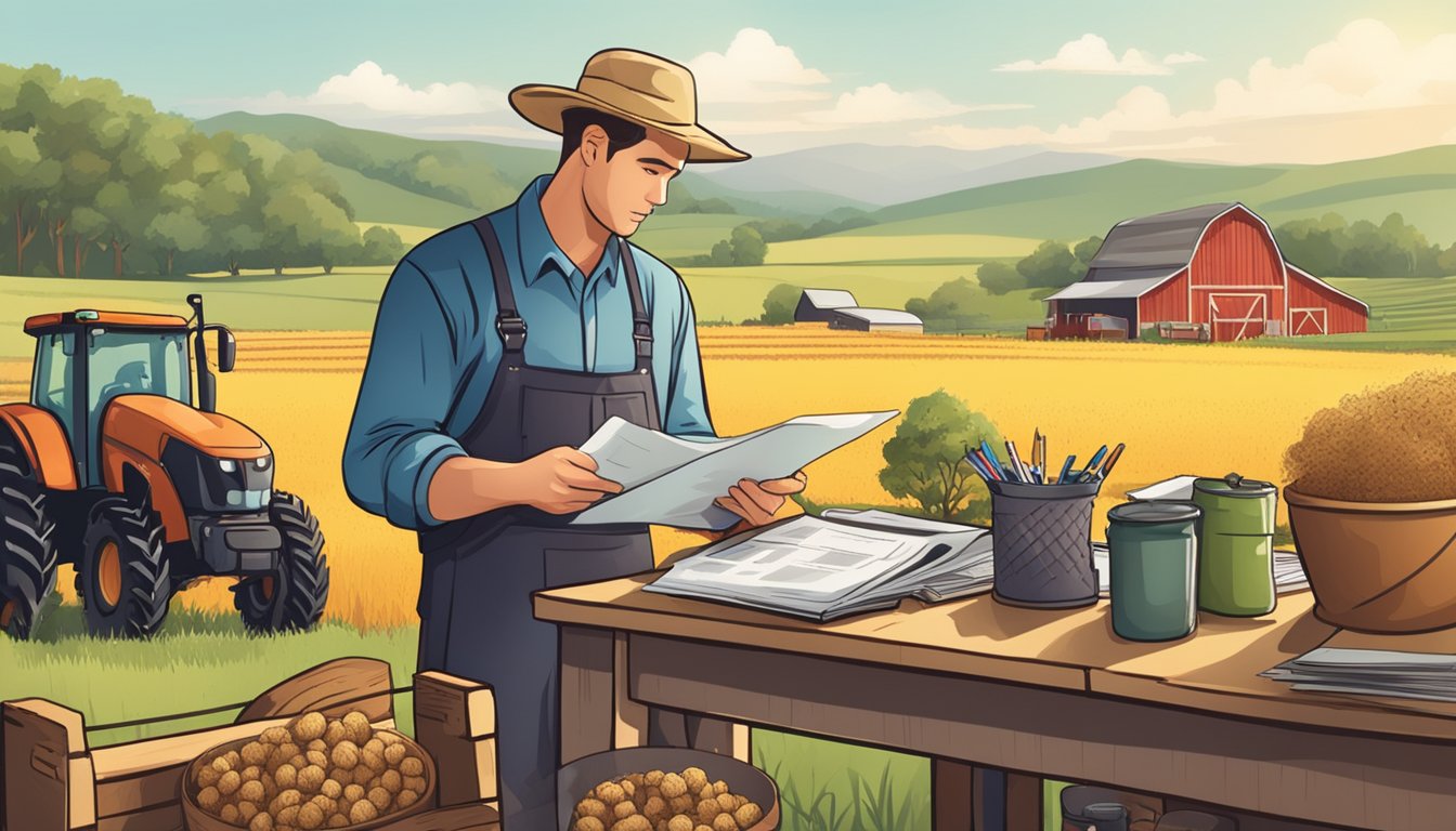 A farmer filling out paperwork at a desk with agricultural equipment and livestock in the background