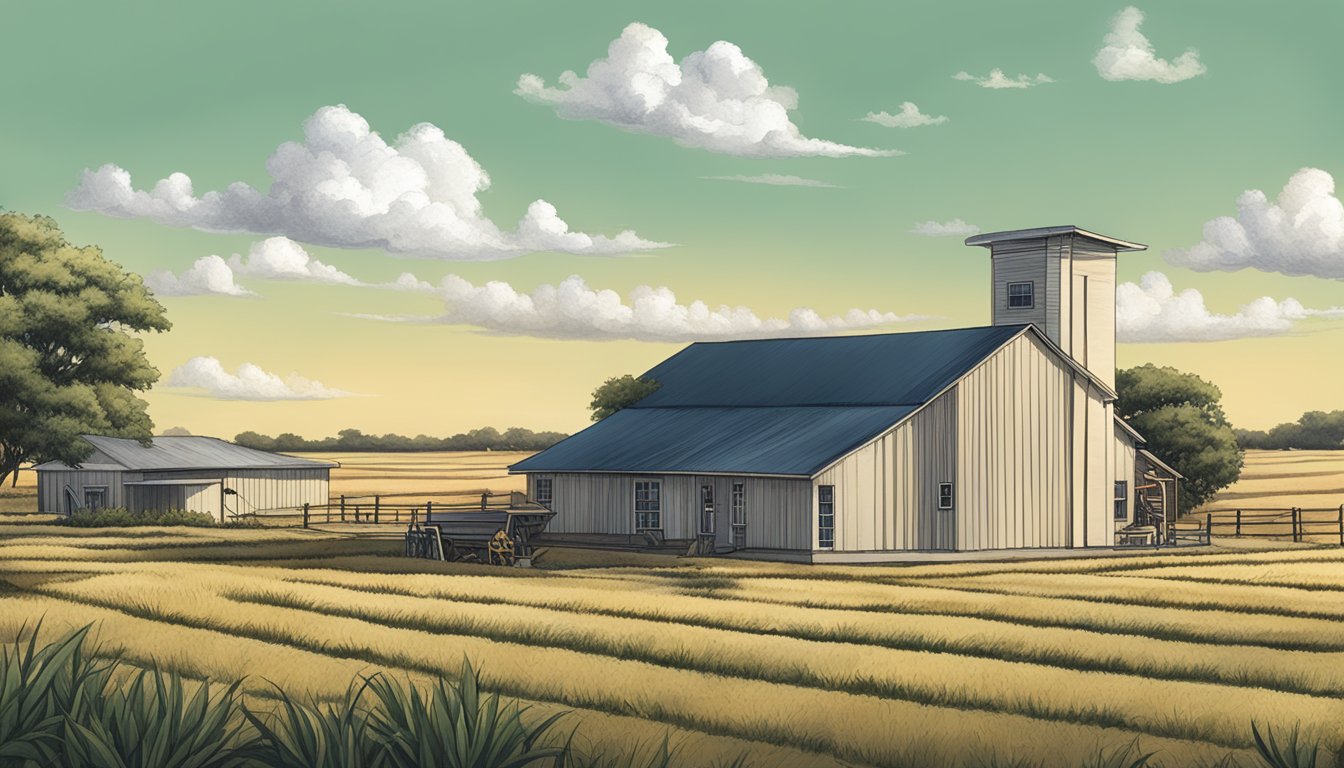 A rural landscape in Webb County, Texas with agricultural land, livestock, and a county tax office building in the background