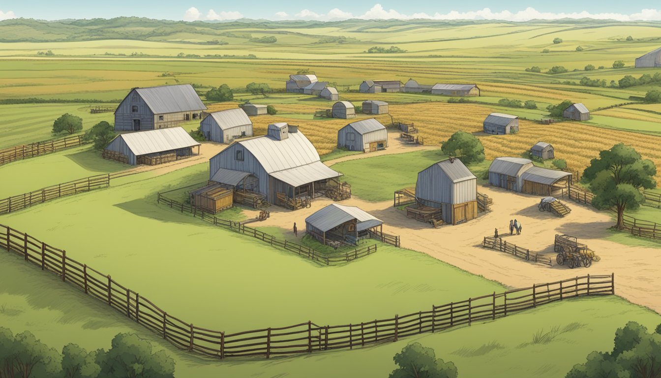 A sprawling Texas ranch with fields of crops and grazing livestock, bordered by a fence and marked with signs indicating agricultural exemption