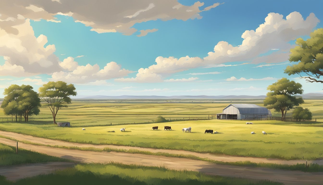 A rural landscape in Webb County, Texas with a large agricultural property, fields, and livestock grazing under a clear sky