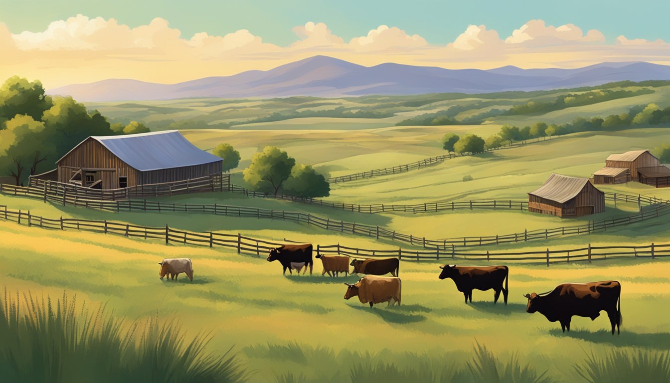 A sprawling Texas ranch with cattle grazing in open fields, bordered by rustic fences and a backdrop of rolling hills