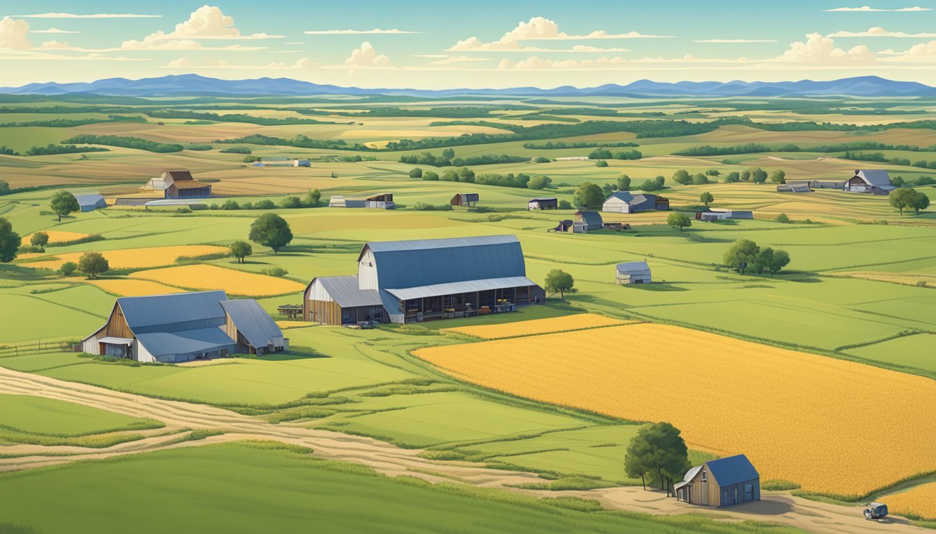 A sprawling rural landscape in Yoakum County, Texas, with fields of crops, grazing livestock, and farm buildings under a clear blue sky