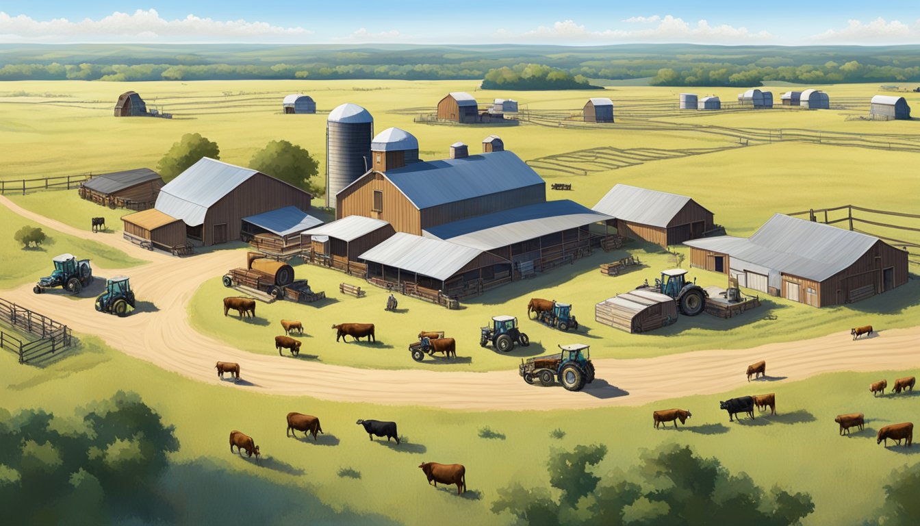 A sprawling Texas ranch with cattle, fields, and farm equipment under a clear blue sky