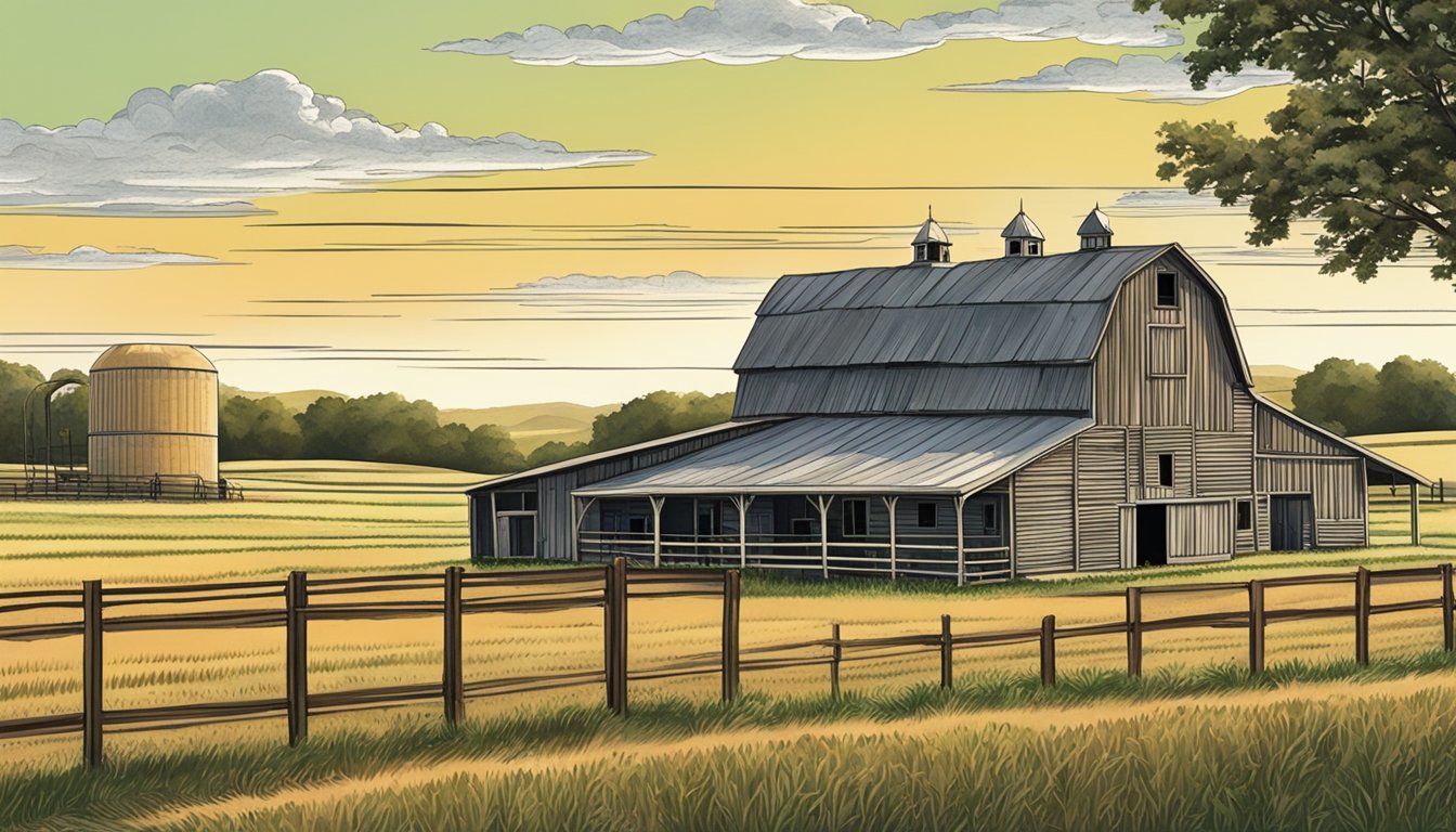 Rolling fields of farmland in Yoakum County, Texas, with a prominent farmhouse and barn, surrounded by grazing livestock and agricultural equipment