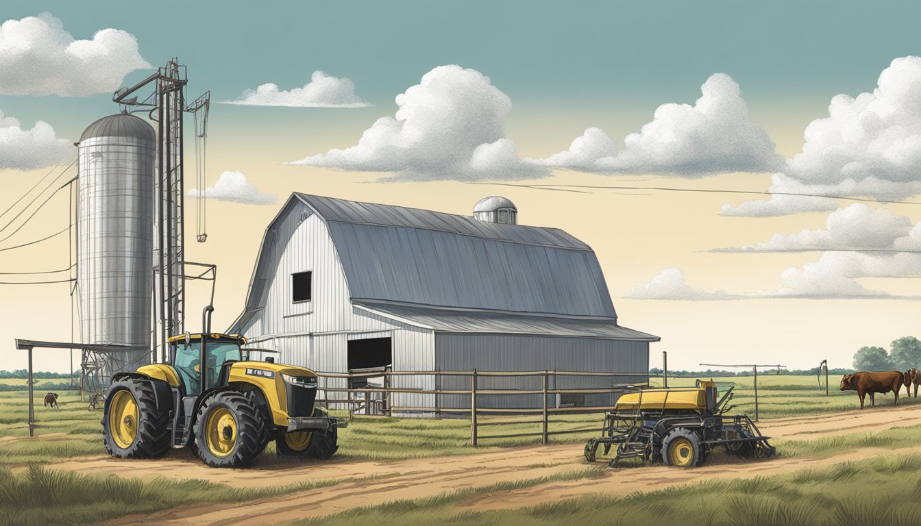 A rural landscape with a farm, livestock, and agricultural equipment, under a clear sky in Victoria County, Texas