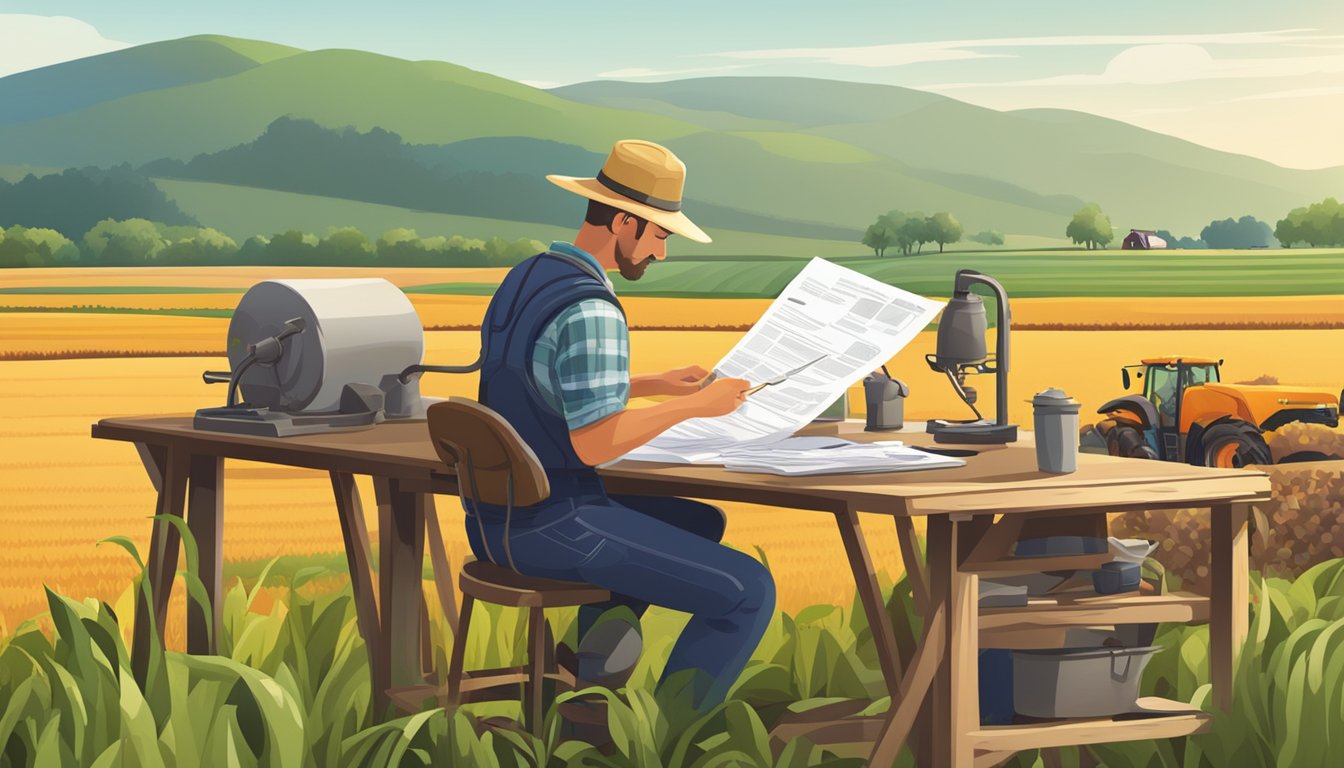 A farmer filling out paperwork at a desk, surrounded by agricultural equipment and fields