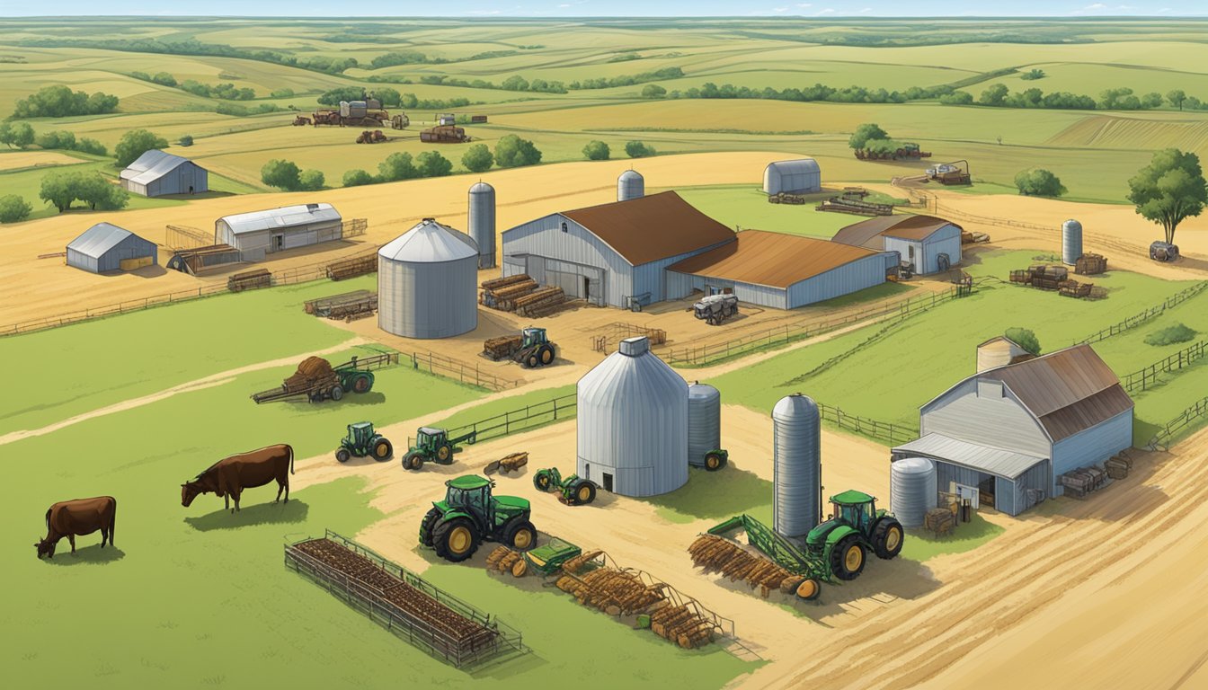 A sprawling Texas ranch with cattle, crops, and farm equipment under a wide, open sky, showcasing various types of agricultural exemptions in Winkler County