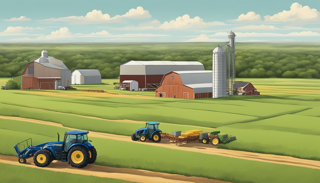 Rolling fields of crops and grazing livestock in Victoria County, Texas, with farm equipment and barns scattered throughout