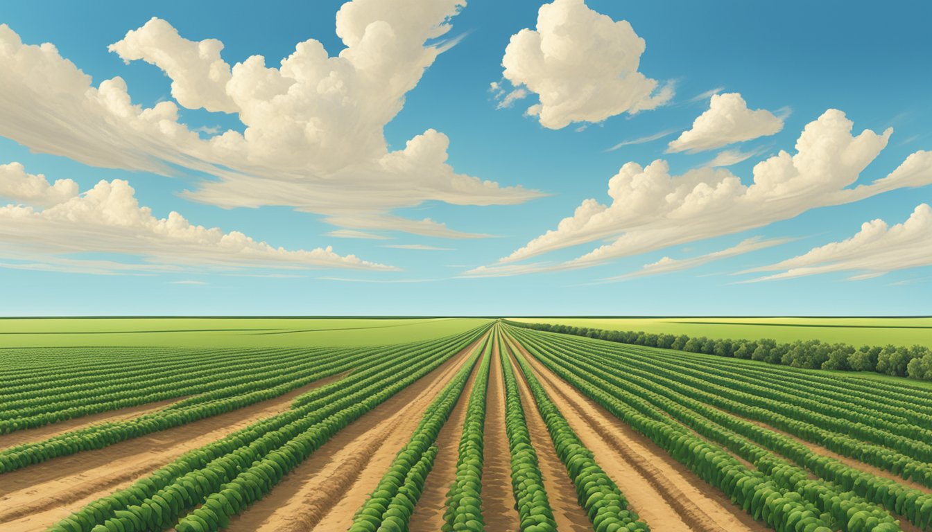 A vast expanse of farmland in Winkler County, Texas, with rows of crops stretching out to the horizon under a clear blue sky