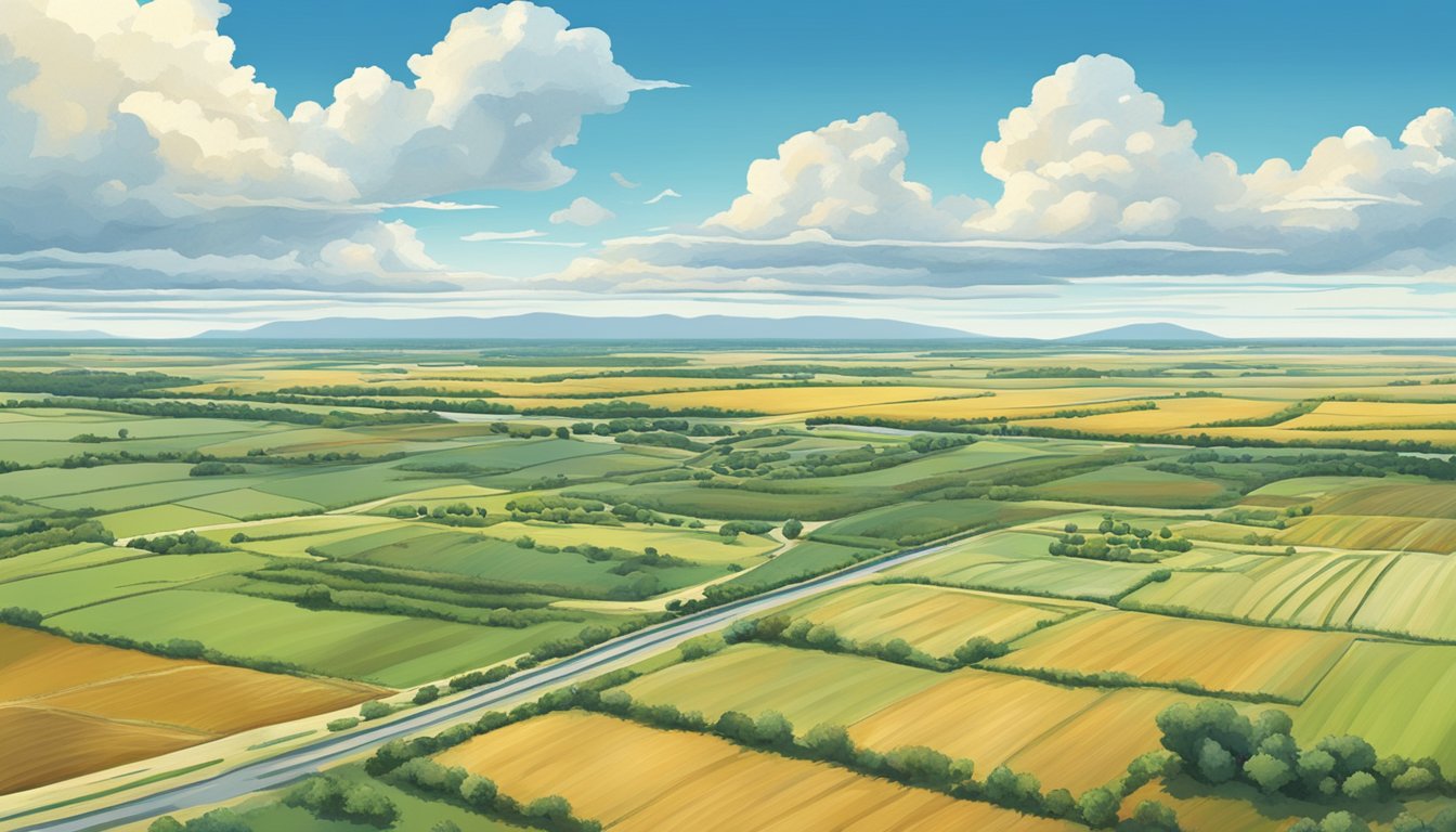 A sprawling rural landscape in Victoria County, Texas, featuring vast fields and agricultural infrastructure, under a bright blue sky