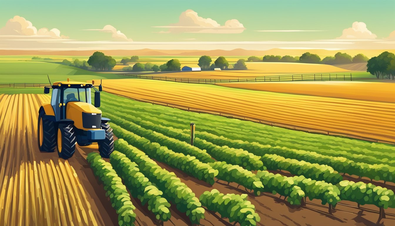 Rolling fields of crops stretch across the Texas landscape, bordered by fences and dotted with farm equipment. The sun beats down on the vast expanse of agricultural land