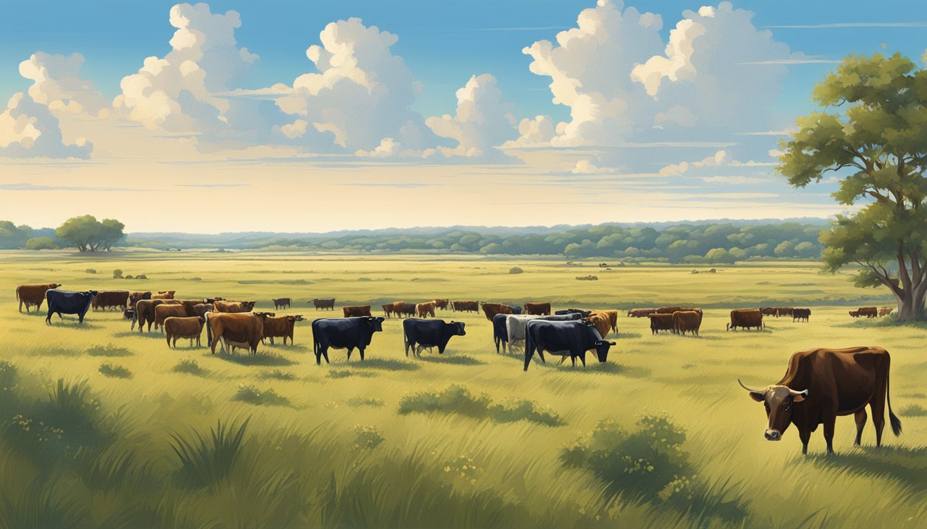 A sprawling Texas landscape with cattle grazing in open fields under a clear blue sky