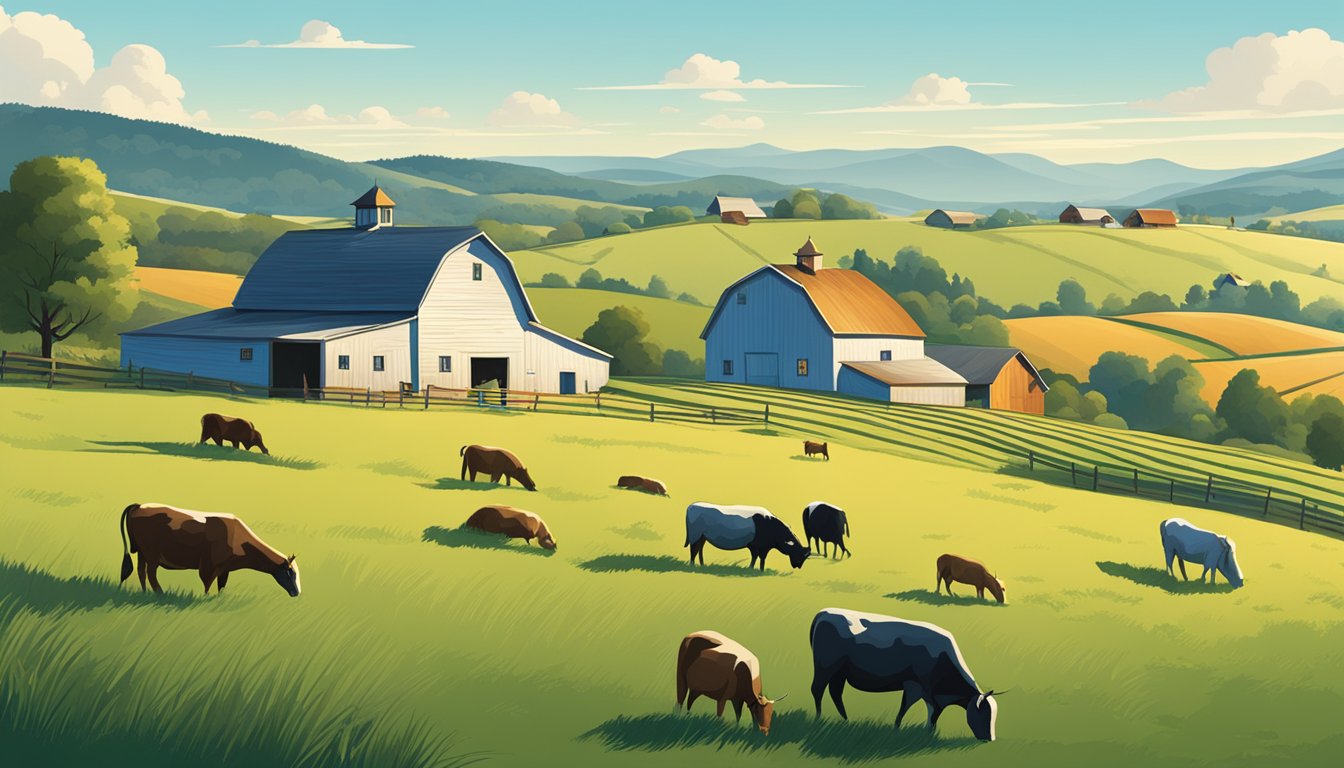 An open field with a farmhouse, barn, and grazing animals surrounded by rolling hills and a clear blue sky