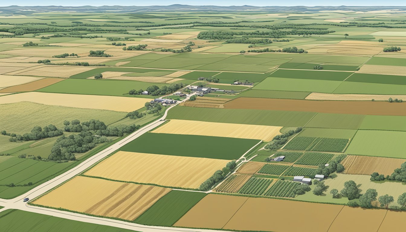 A vast expanse of farmland in Wheeler County, Texas, with various agricultural operations in progress, including crop planting, livestock grazing, and equipment maintenance