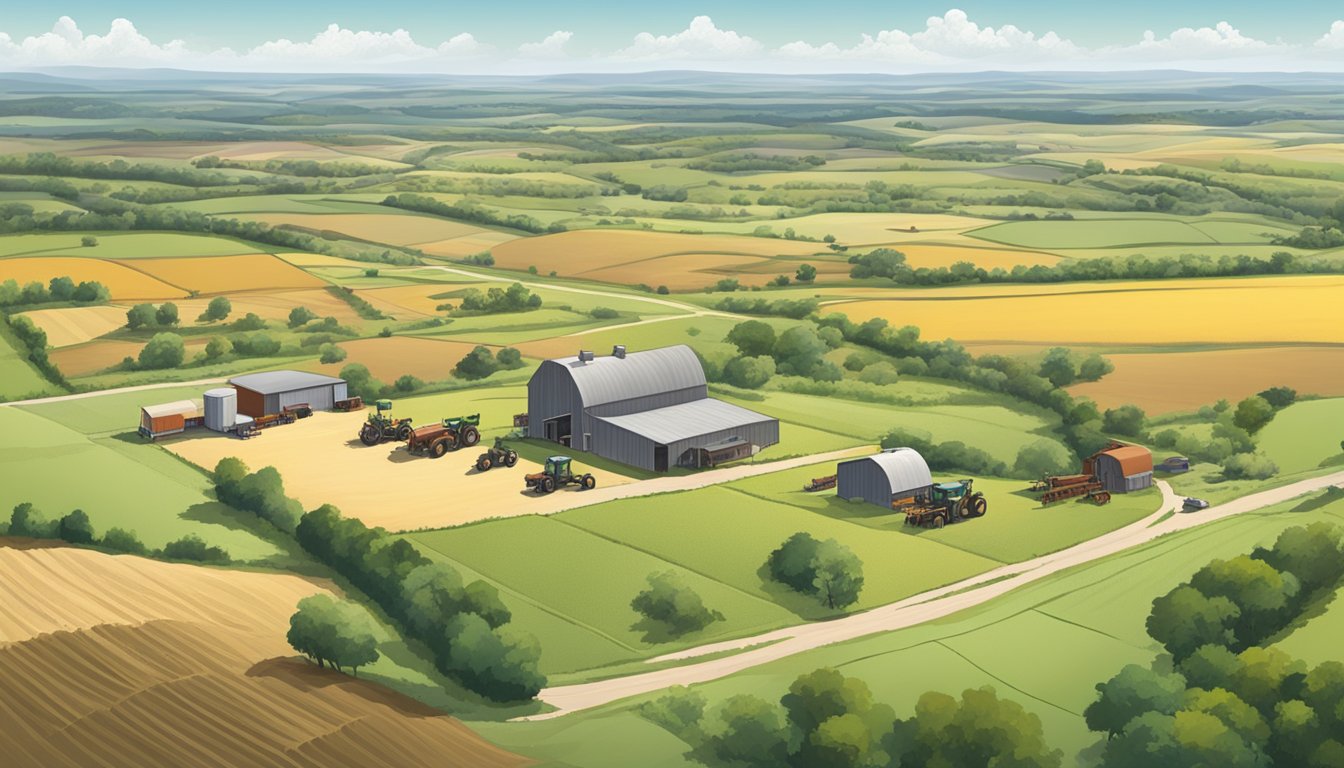 A sprawling rural landscape in Young County, Texas, with a mix of farmland, grazing pastures, and agricultural equipment