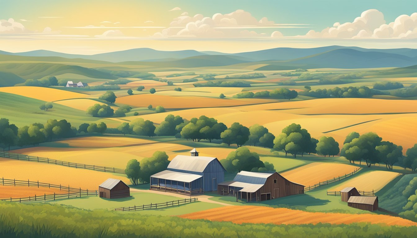 A rural landscape in Wheeler County, Texas, with a farmhouse, barn, and fields of crops or livestock, surrounded by open land and distant hills