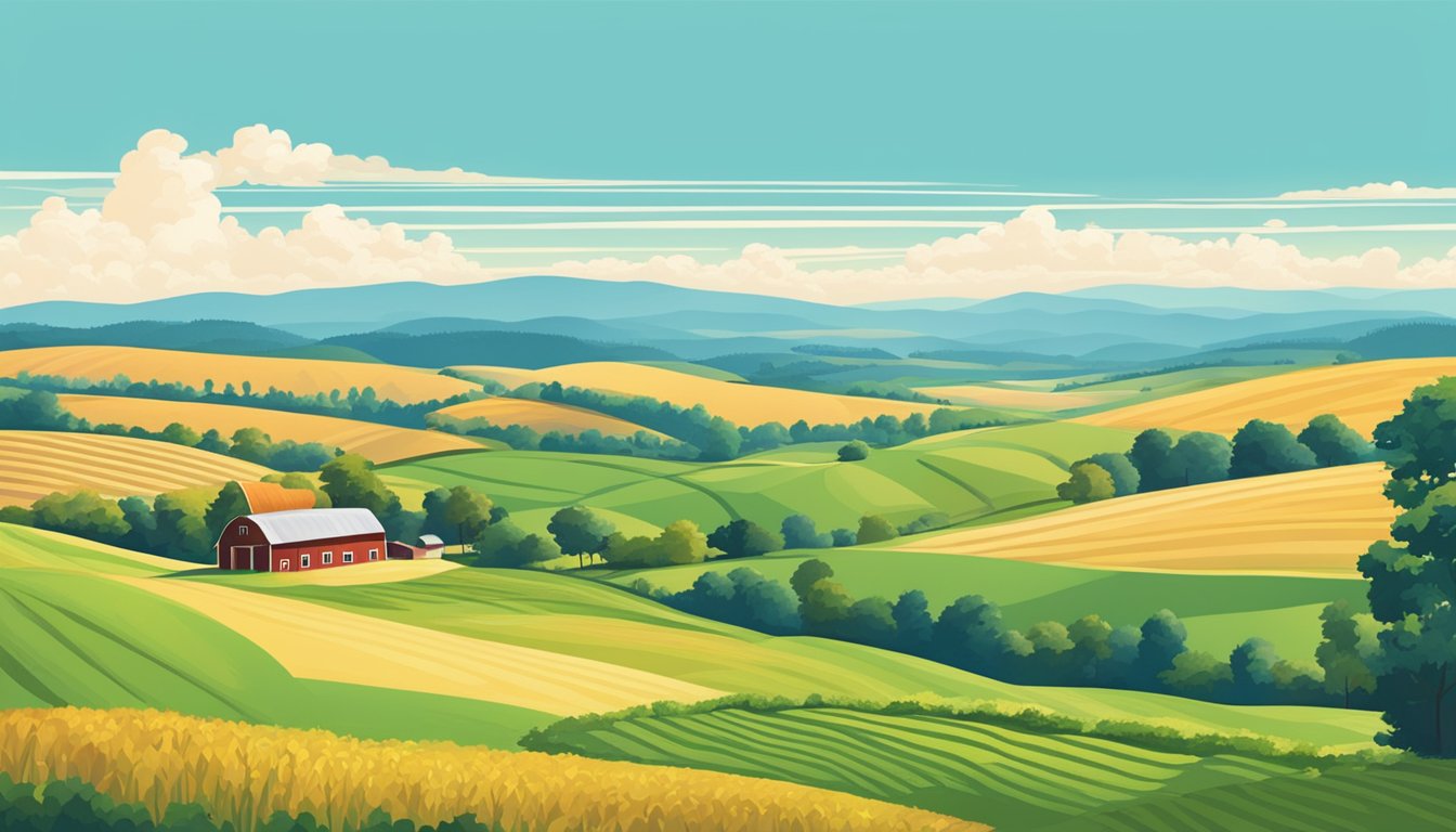 A rural landscape with rolling hills, a barn, and fields of crops under a bright blue sky